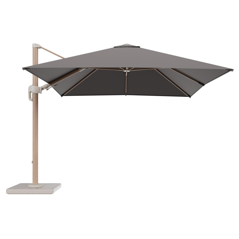 Rufina zweefparasol tiltfunctie in houtlook aluminium en parasoldoek in All Weather Sunbrella® Luxe Natte Nature Grey - L1 300 x L2 300 cm met parasolvoet Lapido 120 kg