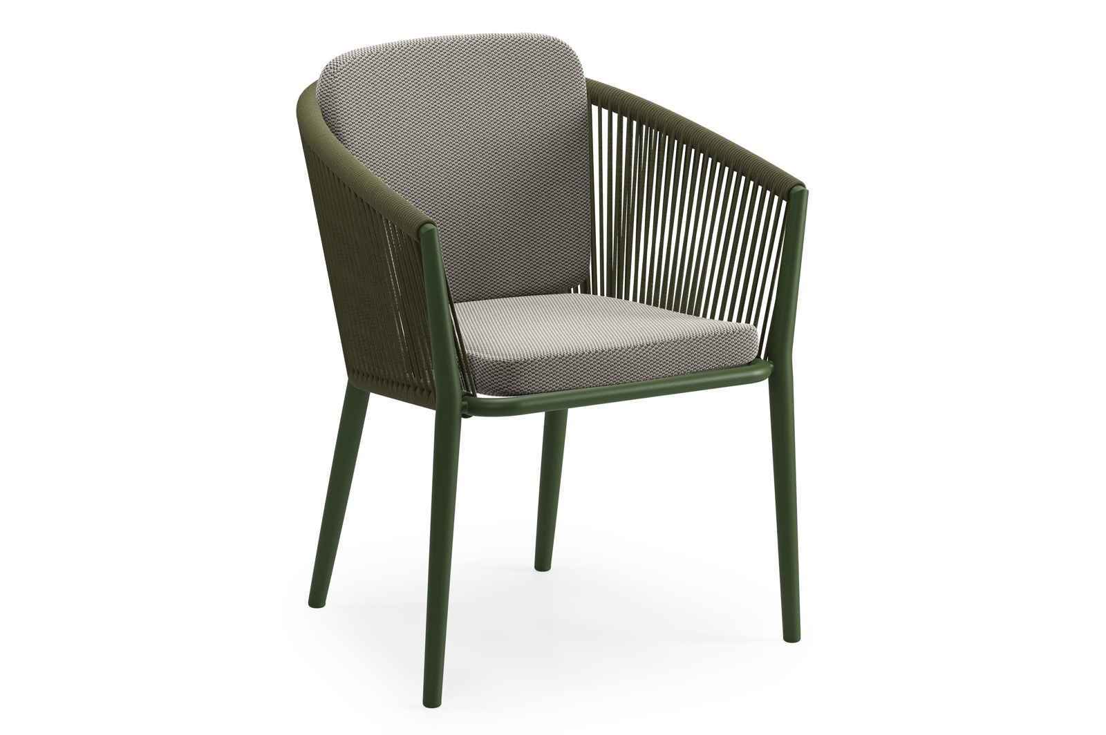 Orso tuinstoel in groen aluminium en groen verticaal geweven ronde rope met zitkussen in All Weather Sunbrella® Luxe Lopi Charcoal