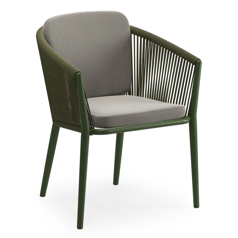 Orso tuinstoel in groen aluminium en groen verticaal geweven ronde rope met zitkussen in All Weather Sunbrella® Luxe Lopi Charcoal