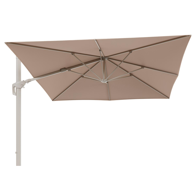 Parasol pendant Minore avec fonction tilt en aluminium beige et toile de parasol All Weather Sunbrella® Luxe Natte Linen Chalk - Lg1 350 x Lg2 350 cm (sans pied de parasol