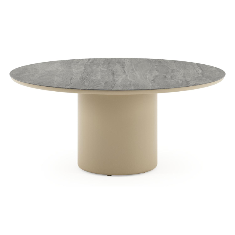 Amico low dining tuintafel rond in beige aluminium en volkeramiek Aspen Grey - Dia. 148 x H 61 cm