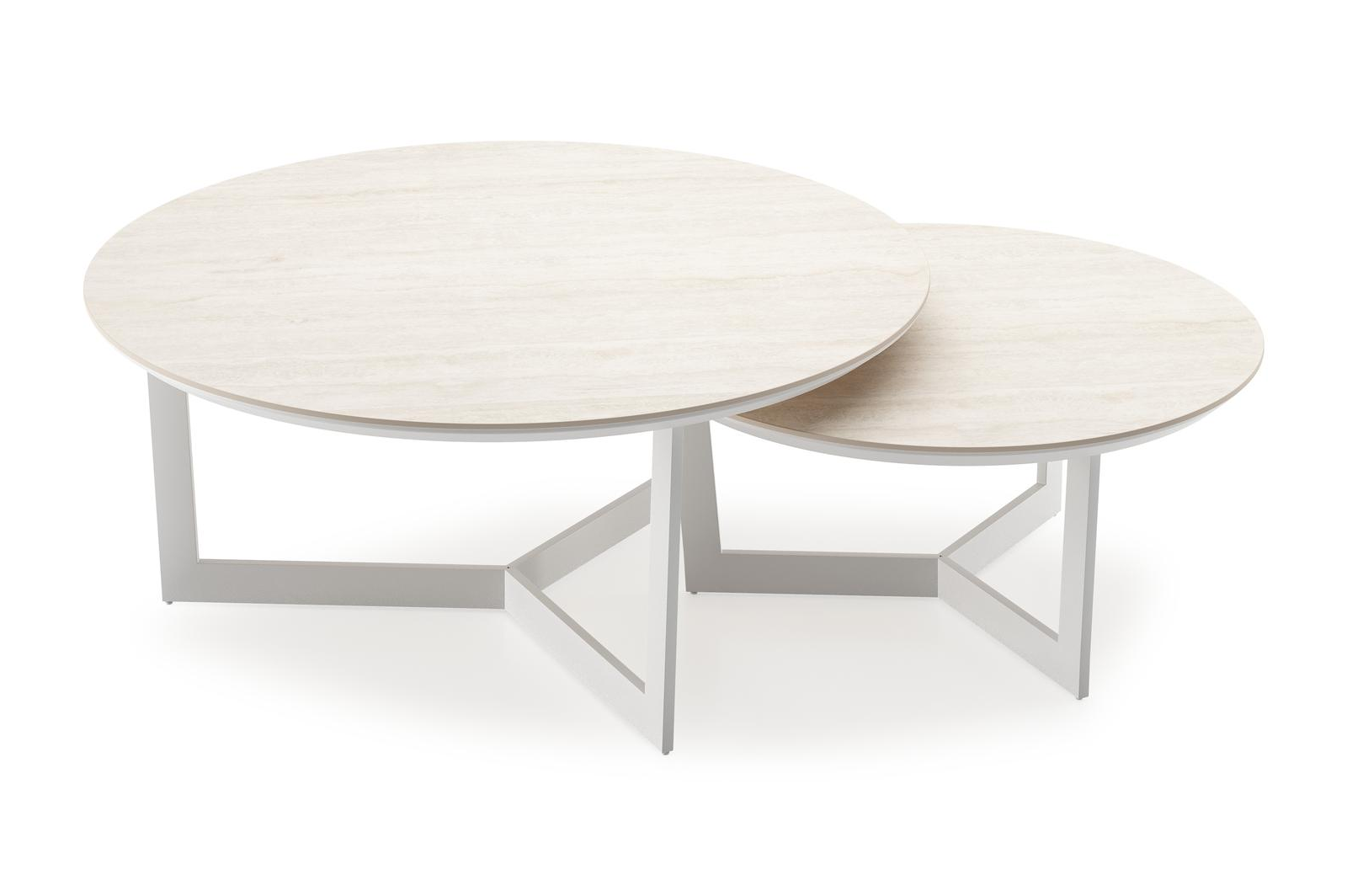 Lacrima set van 2 loungetafels rond in wit aluminium en volkeramiek Travertino Bianco - Dia. 85 x H 35 cm