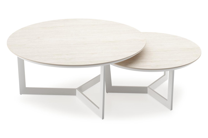 Ensemble de 2 tables d'appoint Lacrima ronde en blanc aluminium et céramique pleine Travertino Bianco - Diam. 85 x Haut. 35 cm