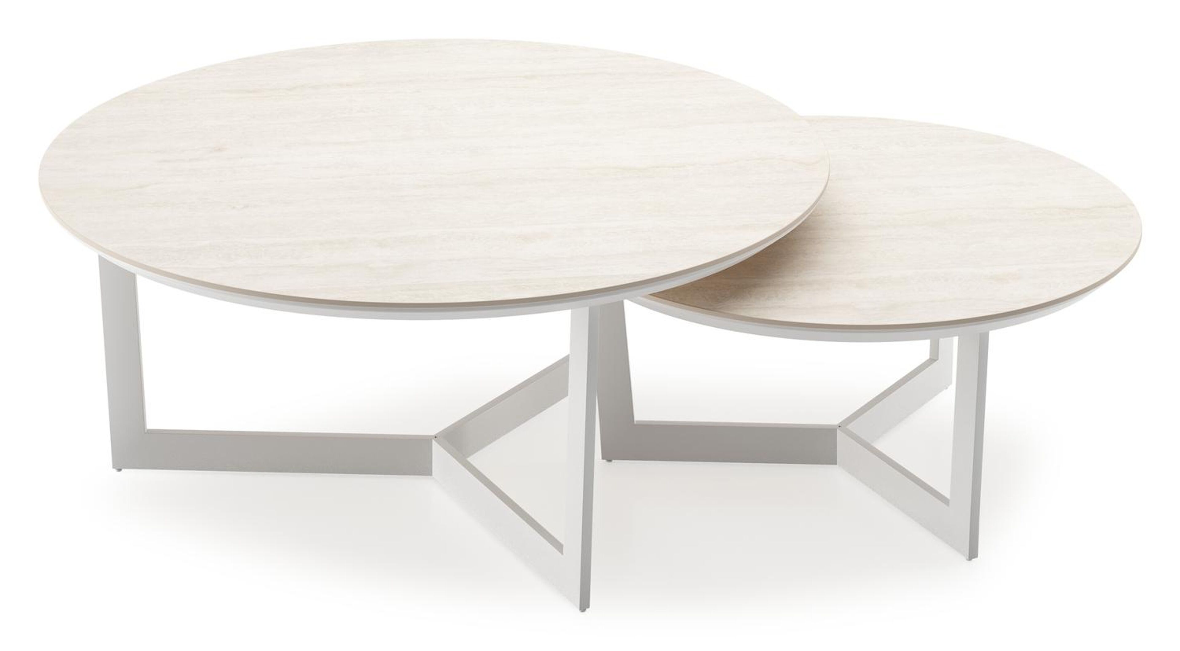 Ensemble de 2 tables d'appoint Lacrima ronde en blanc aluminium et céramique pleine Travertino Bianco - Diam. 85 x Haut. 35 cm