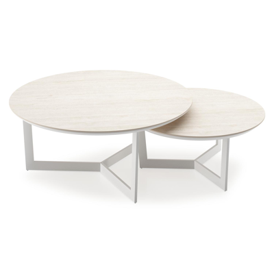 Ensemble de 2 tables d'appoint Lacrima ronde en blanc aluminium et céramique pleine Travertino Bianco - Diam. 85 x Haut. 35 cm