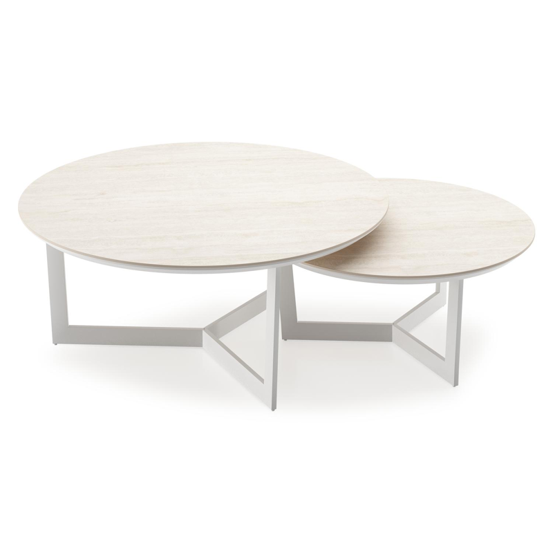 Ensemble de 2 tables d'appoint Lacrima ronde en blanc aluminium et céramique pleine Travertino Bianco - Diam. 85 x Haut. 35 cm