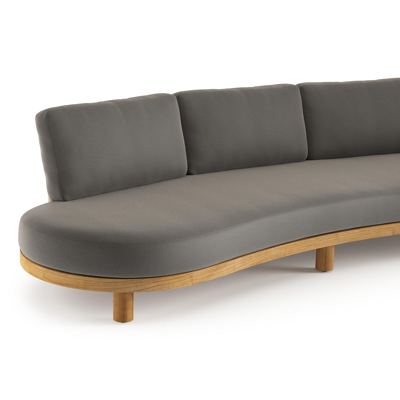 Canapé de jardin Donato en teck et corde ronde tissée verticalement beige et coussins en all weather sunbrella® luxe Natte Dark Taupe