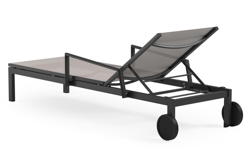 Chaise longue réglabe Caravelle en aluminium noir et textilène simple beige avec accoudoir