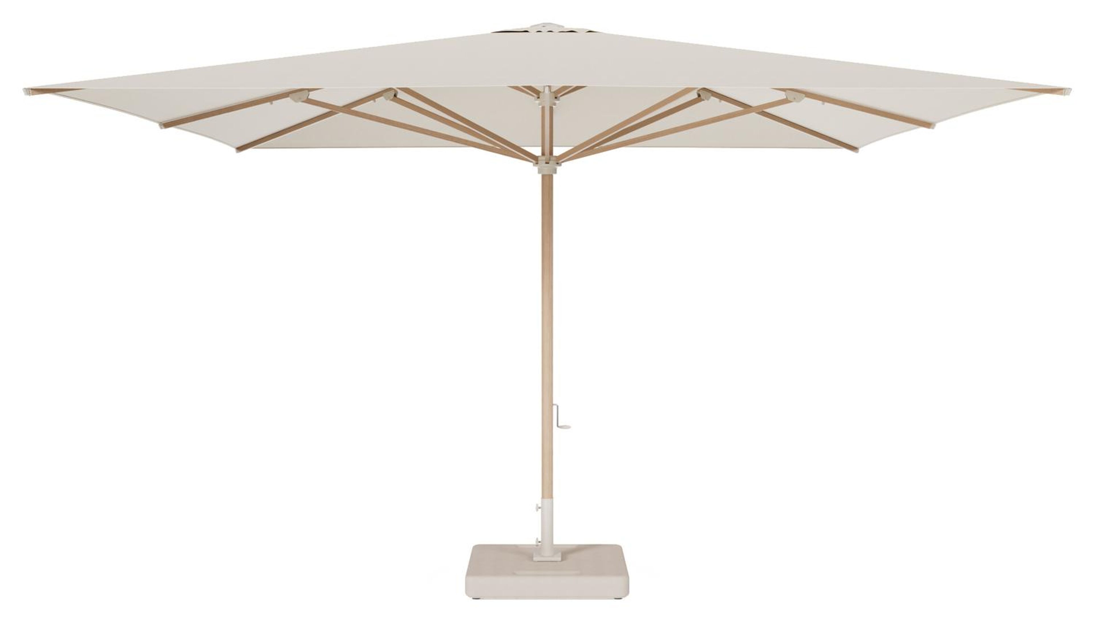 Solino staanparasol in houtlook aluminium en parasoldoek in All Weather Sunbrella® Premium Beige - L1 400 x L2 400 cm met parasolvoet Lapido 120 kg