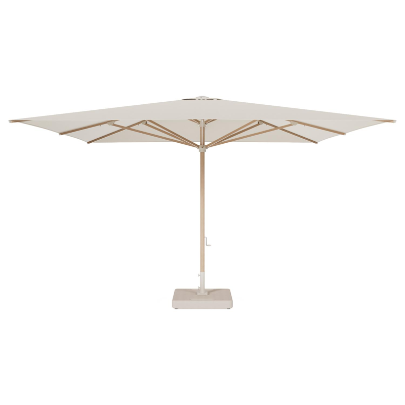 Solino staanparasol in houtlook aluminium en parasoldoek in All Weather Sunbrella® Premium Beige - L1 400 x L2 400 cm met parasolvoet Lapido 120 kg