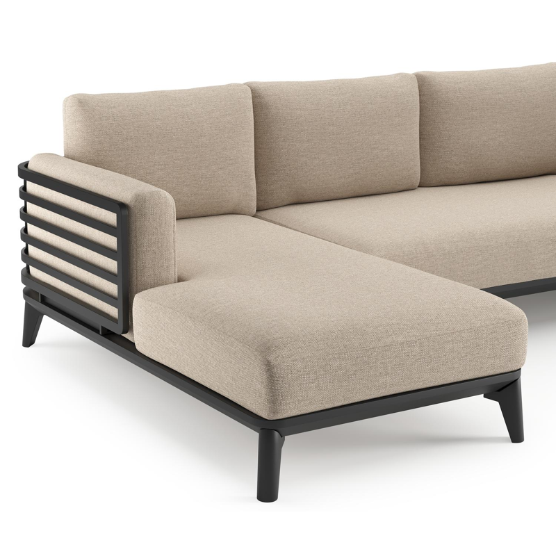 Salon de jardin d'angle Mosa en aluminium noir et coussins en weather+ softtouch rustic