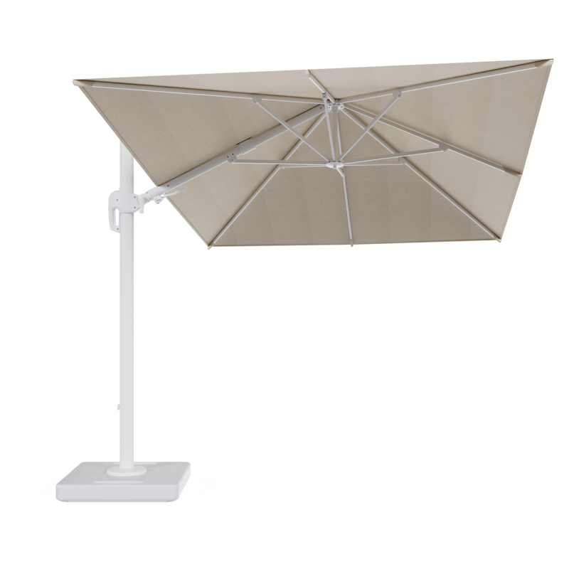 Rufina zweefparasol tiltfunctie in wit aluminium en parasoldoek in All Weather Sunbrella® Premium Beige - L1 350 x L2 250 cm met parasolvoet Lapido 160 kg