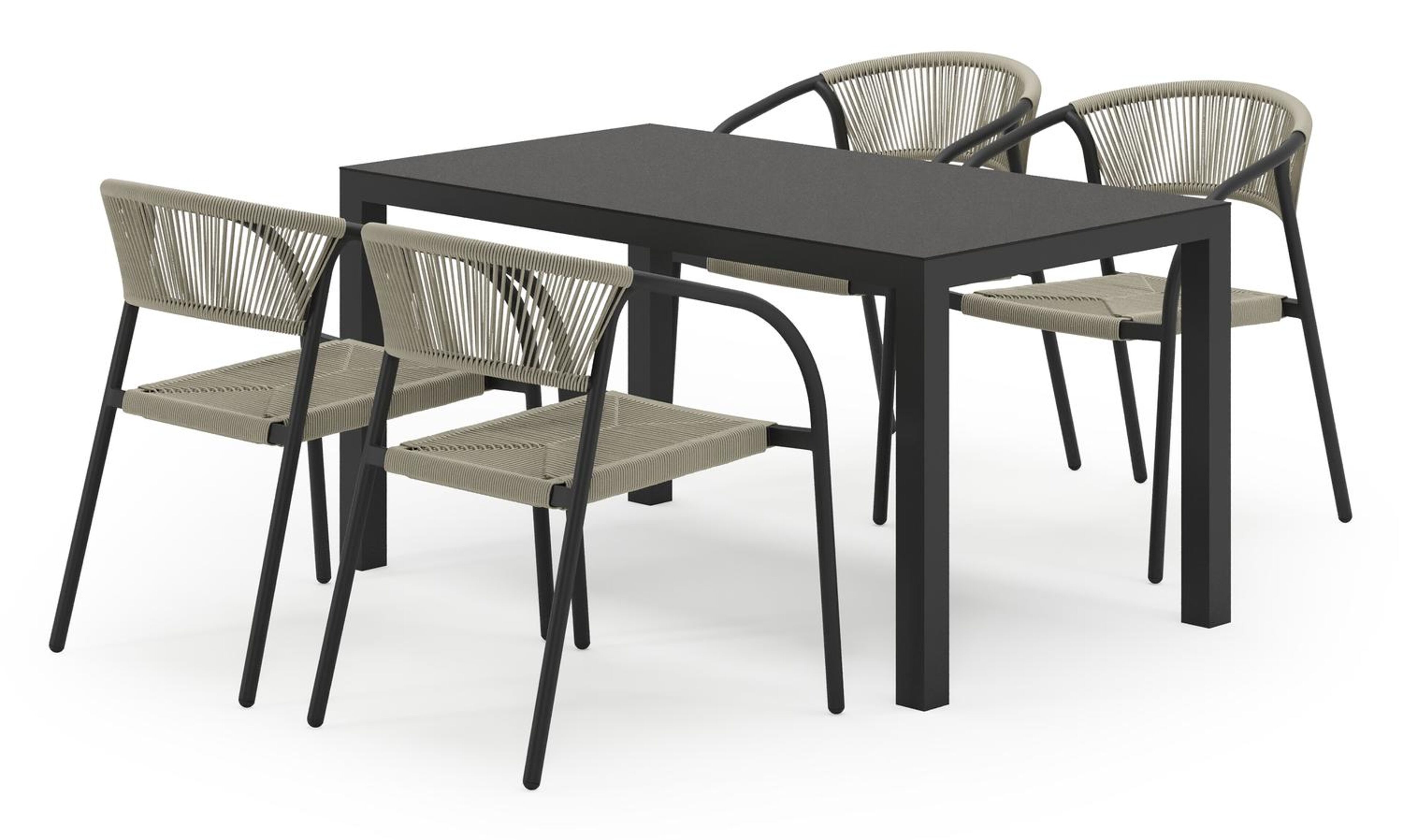 Ensemble de jardin Toma en aluminium noir et sintered stone noir avec 4 chaises de jardin empilable Melo
