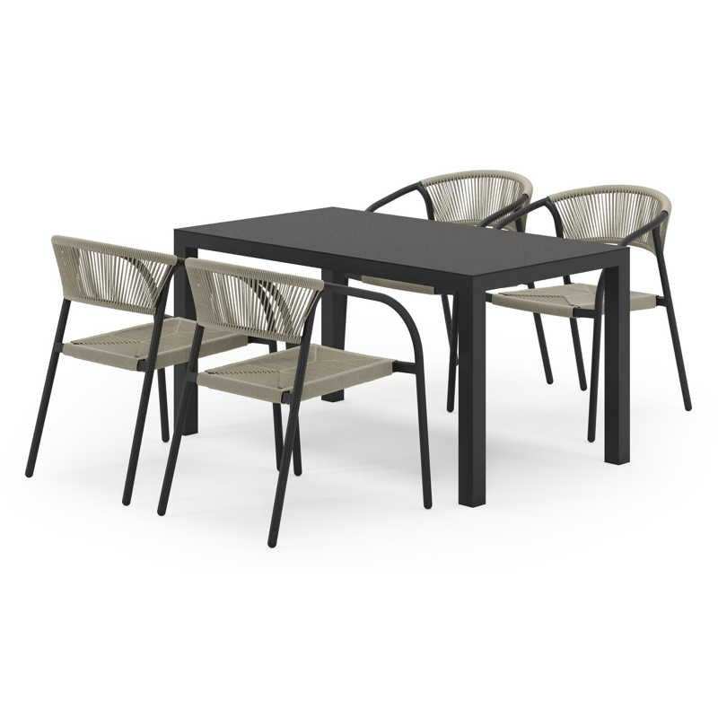 Ensemble de jardin Toma en aluminium noir et sintered stone noir avec 4 chaises de jardin empilable Melo