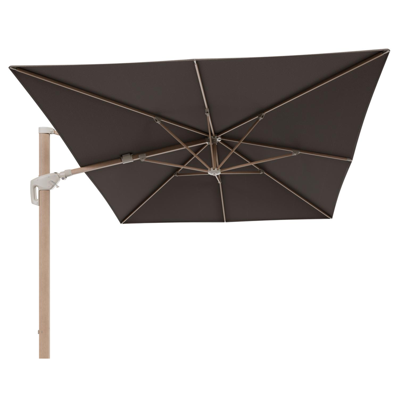 Minore zweefparasol met tiltfunctie in houtlook aluminium en Lopi Coconut All Weather Sunbrella® Luxe parasoldoek - L1: 400 x L2: 300 cm (zonder voet)