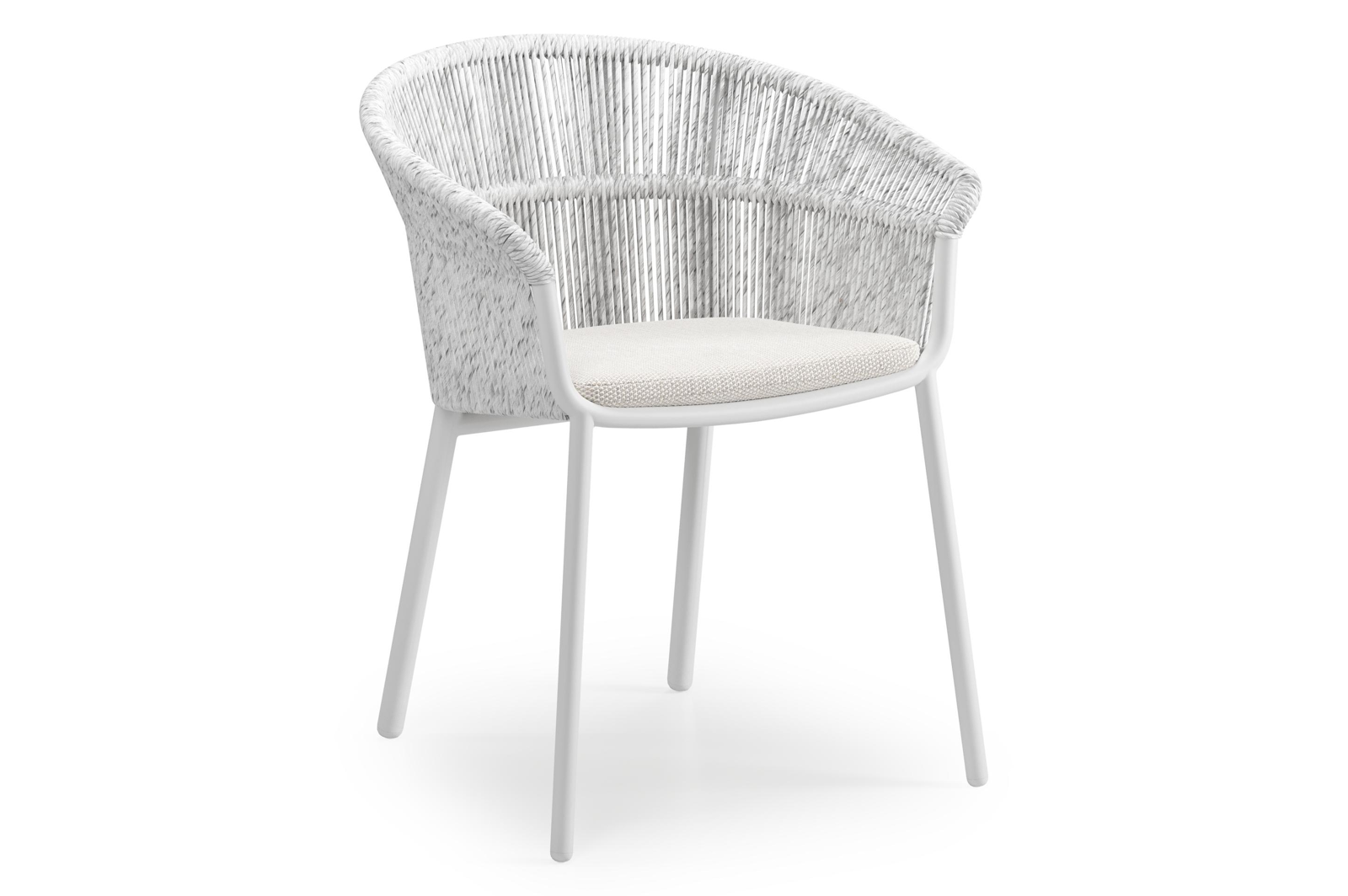 Matera stapelbare tuinstoel in wit aluminium en wit gedraaide ronde wicker met kussen in sand weather+ softtouch