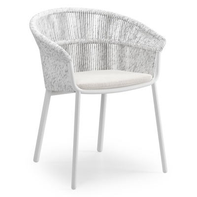 Matera stapelbare tuinstoel in wit aluminium en wit gedraaide ronde wicker met kussen in sand weather+ softtouch