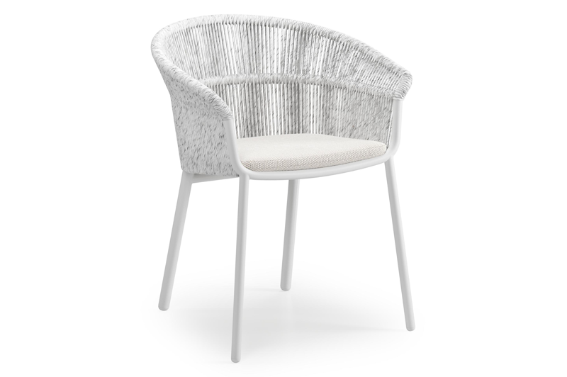 Pamplona ronde tuinset in wit aluminium en sintered stone topo minerale met 4 Matera tuinstoelen