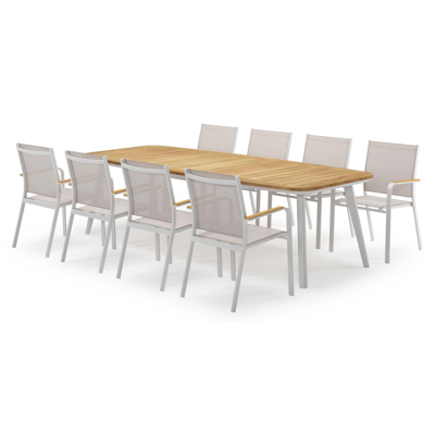 Mosa bootvormige tuinset in wit aluminium en teak natural finish met 8 Amalfi tuinstoelen