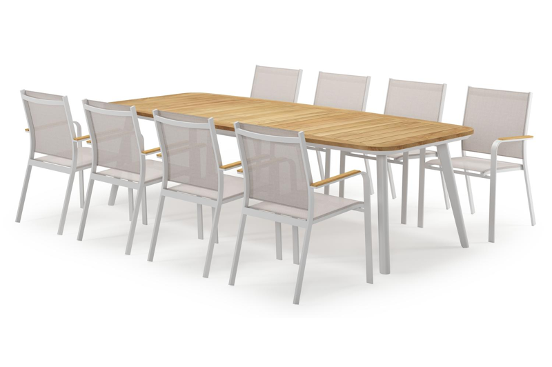 Mosa bootvormige tuinset in wit aluminium en teak natural finish met 8 Amalfi tuinstoelen