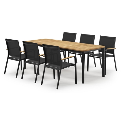 Mira rechthoekige afgeronde tuinset in zwart aluminium en teak natural finish met 6 Amalfi tuinstoelen