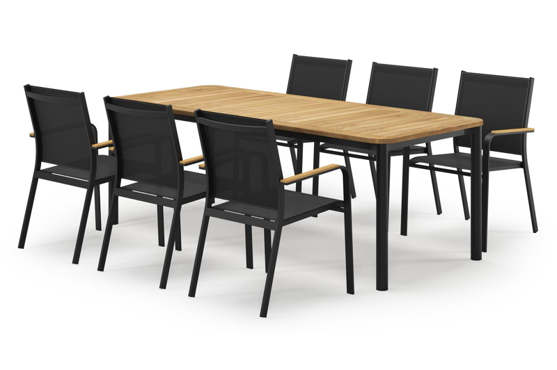 Mira rechthoekige afgeronde tuinset in zwart aluminium en teak natural finish met 6 Amalfi tuinstoelen