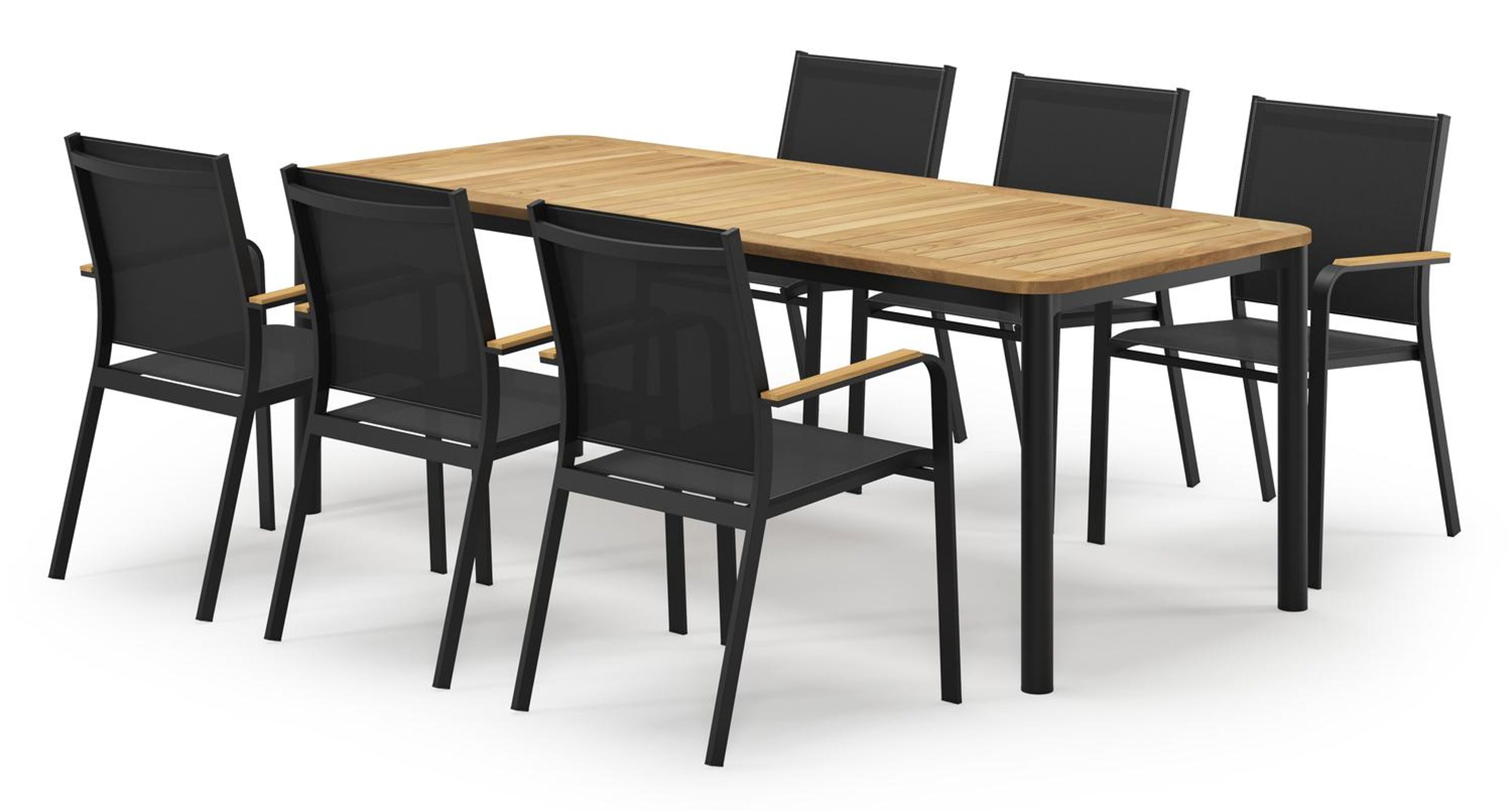 Mira ensemble de jardin rectangulaire arrondi en aluminium noir en teck natural finish avec 6 chaises de jardin Amalfi