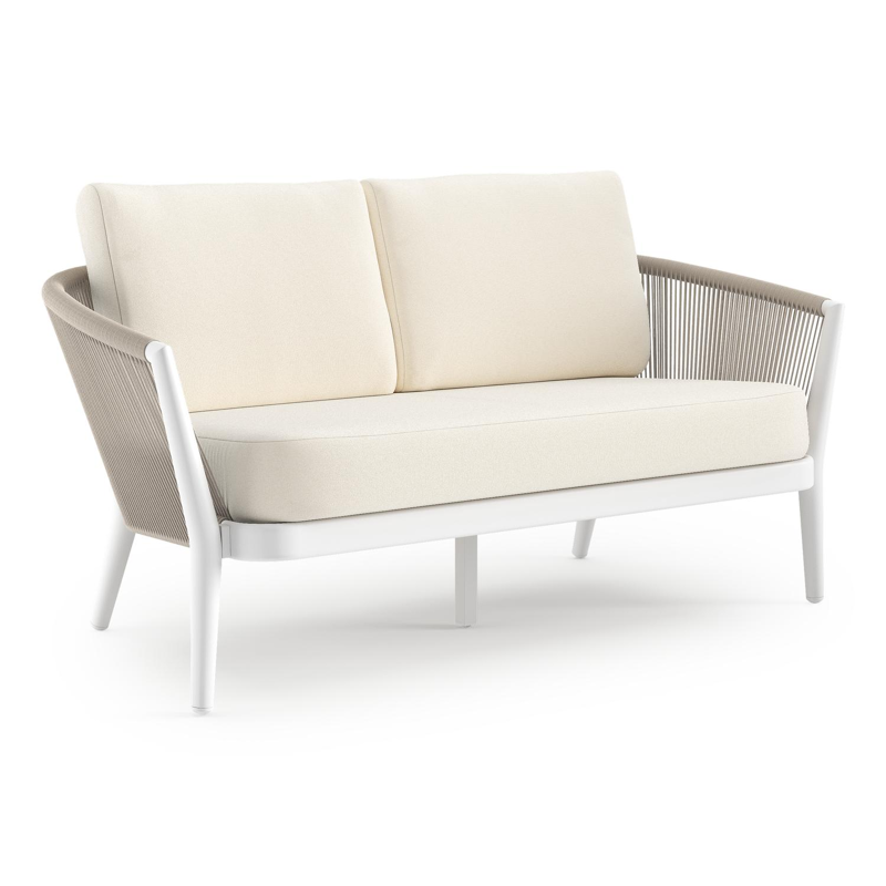 Orso loungebank in wit aluminium en beige verticaal geweven ronde rope met Natte White all weather sunbrella® luxe kussen
