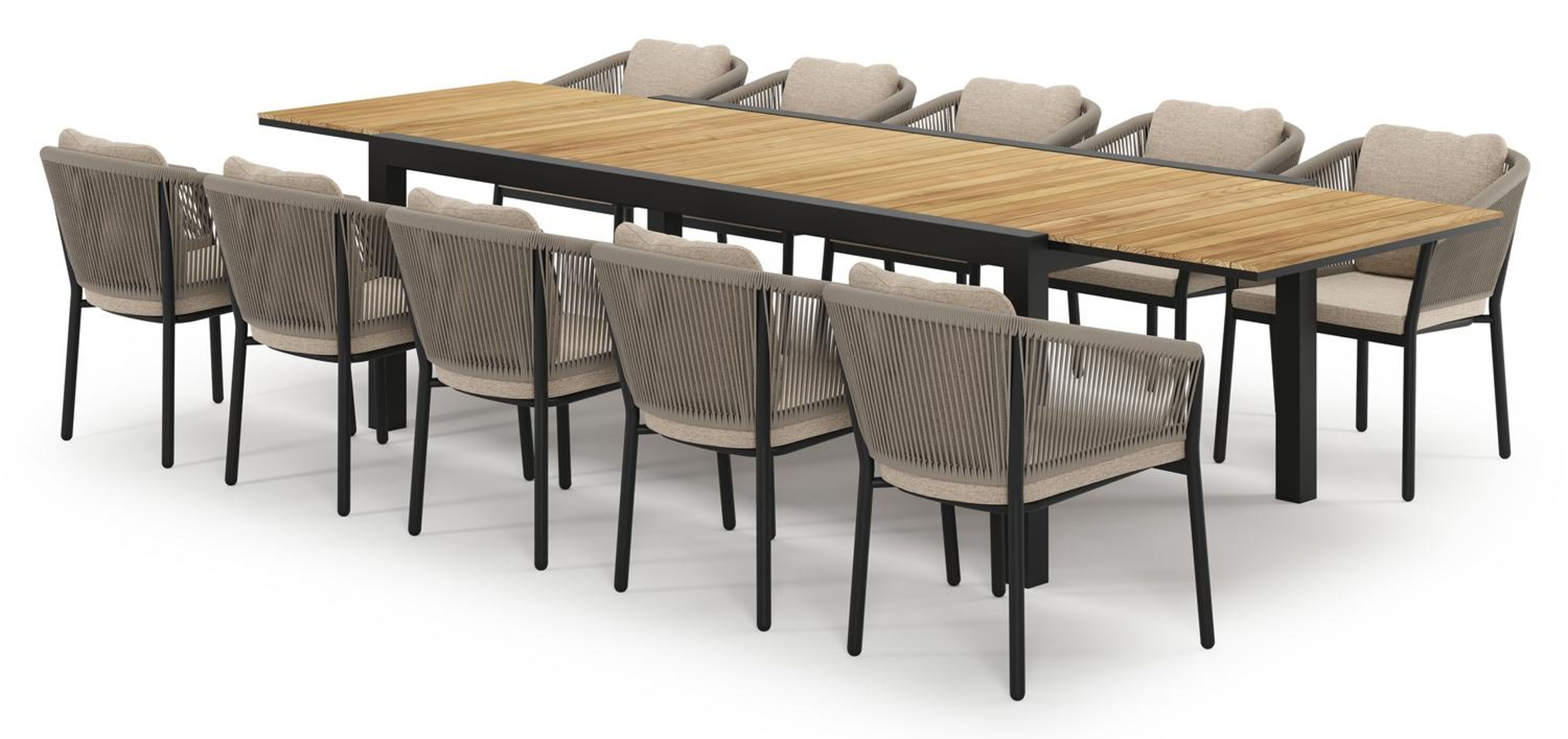 Calobra uitschuifbare tuinset in zwart aluminium en teak met 10 Gerona tuinstoelen