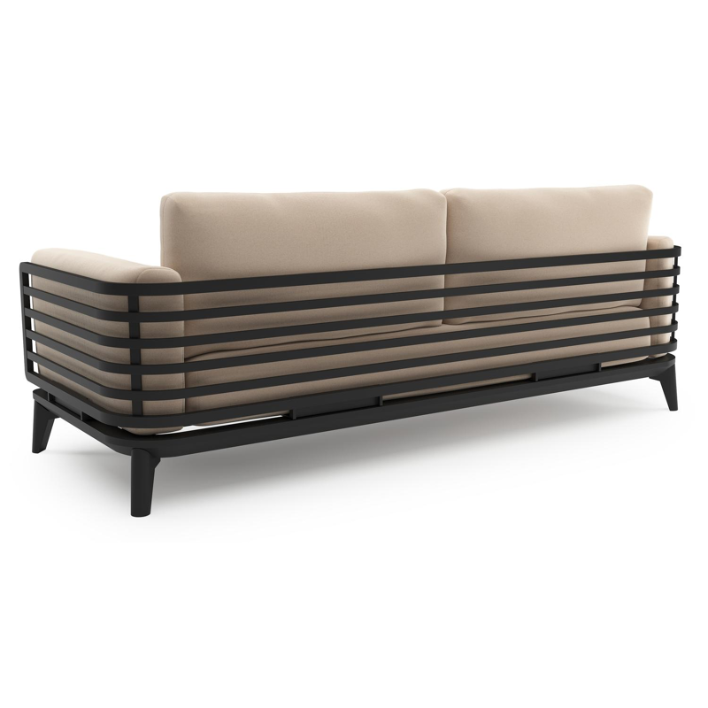 Salon de jardin Mosa en aluminium noir et coussins en all weather sunbrella® premium natte linen chalk et table basse