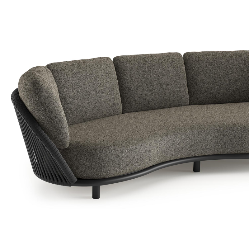 Lupino loungebank in zwart aluminium en zwart verticaal geweven luxe vlakke brede rope met marbella tunder all weather cosytica kussen