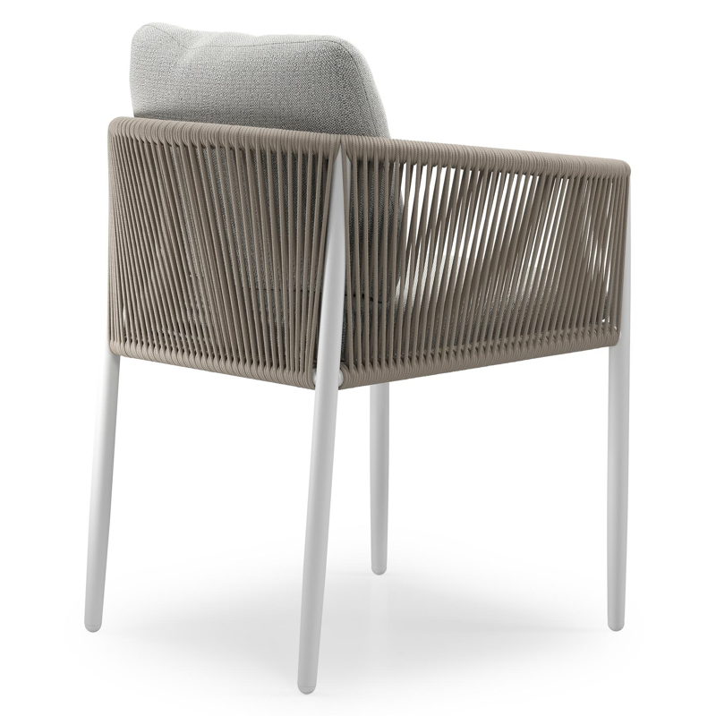 Organo tuinstoel in beige aluminium en beige verticaal geweven ronde rope met stoelkussen in All Weather Sunbrella® Luxe Savane Nimbus