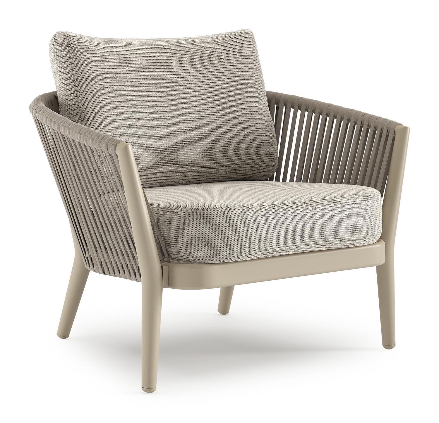 Orso loungestoel in beige aluminium en beige verticaal geweven ronde rope met Firenze Sand all weather solica kussen