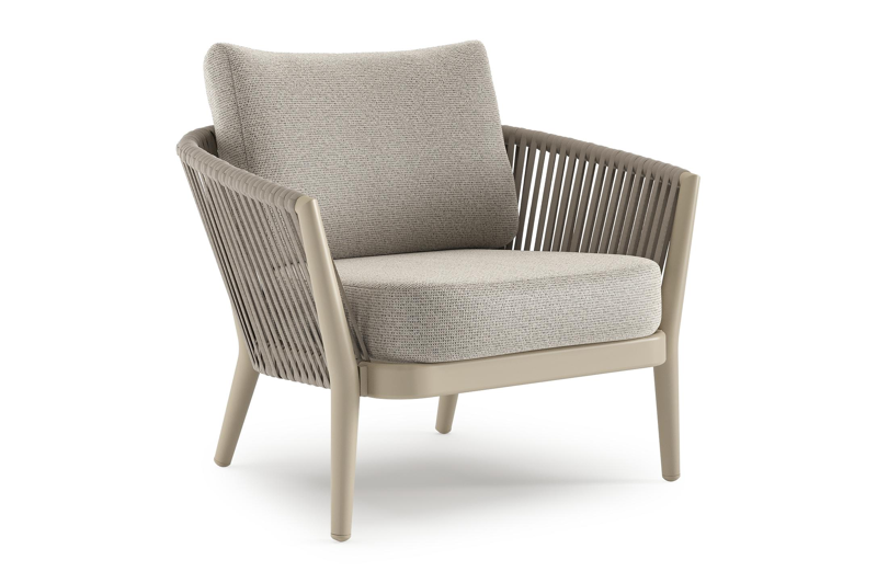 Orso loungestoel in beige aluminium en beige verticaal geweven ronde rope met Firenze Sand all weather solica kussen