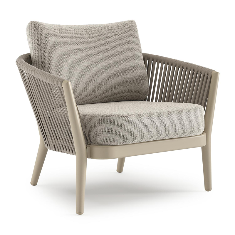 Fauteuil de jardin Orso en aluminium beige en corde luxe plate tissée verticalement beige et coussins en all weather solica Firenze Sand