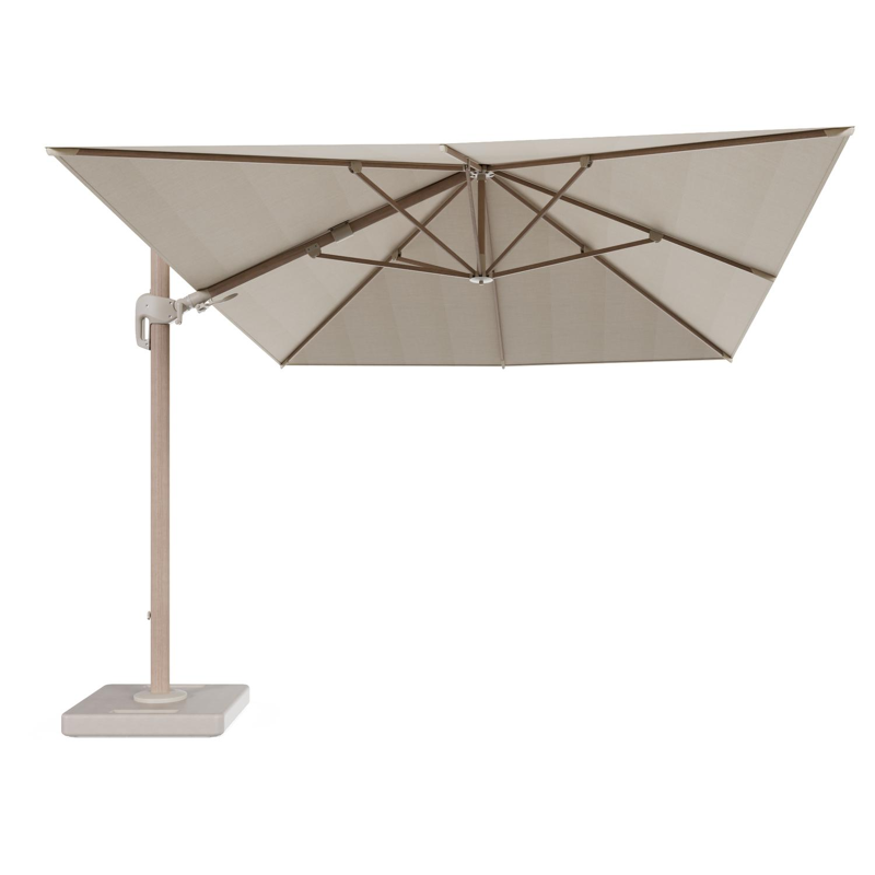 Rufina zweefparasol met tiltfunctie in aluminium houtlook met beige all weather sunbrella® premium parasoldoek - L1 400 x L2 300 cm met parasolvoet Lapido 160 kg