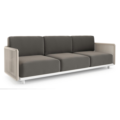 Canapé de jardin Organo en aluminium blanc et corde luxe plate tissée verticalement beige et coussin en all weather Sunbrella® luxe natte dark taupe