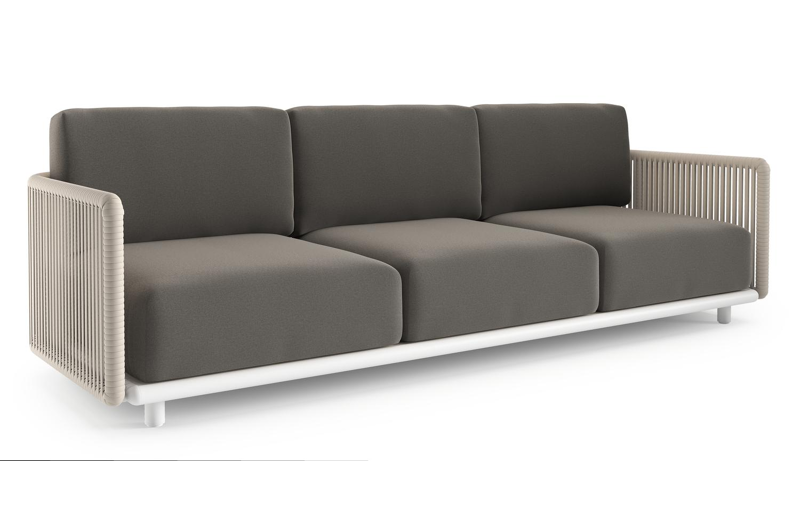 Organo loungebank in wit aluminium en beige verticaal geweven luxe vlakke rope met natte dark taupe all weather Sunbrella® luxe kussen