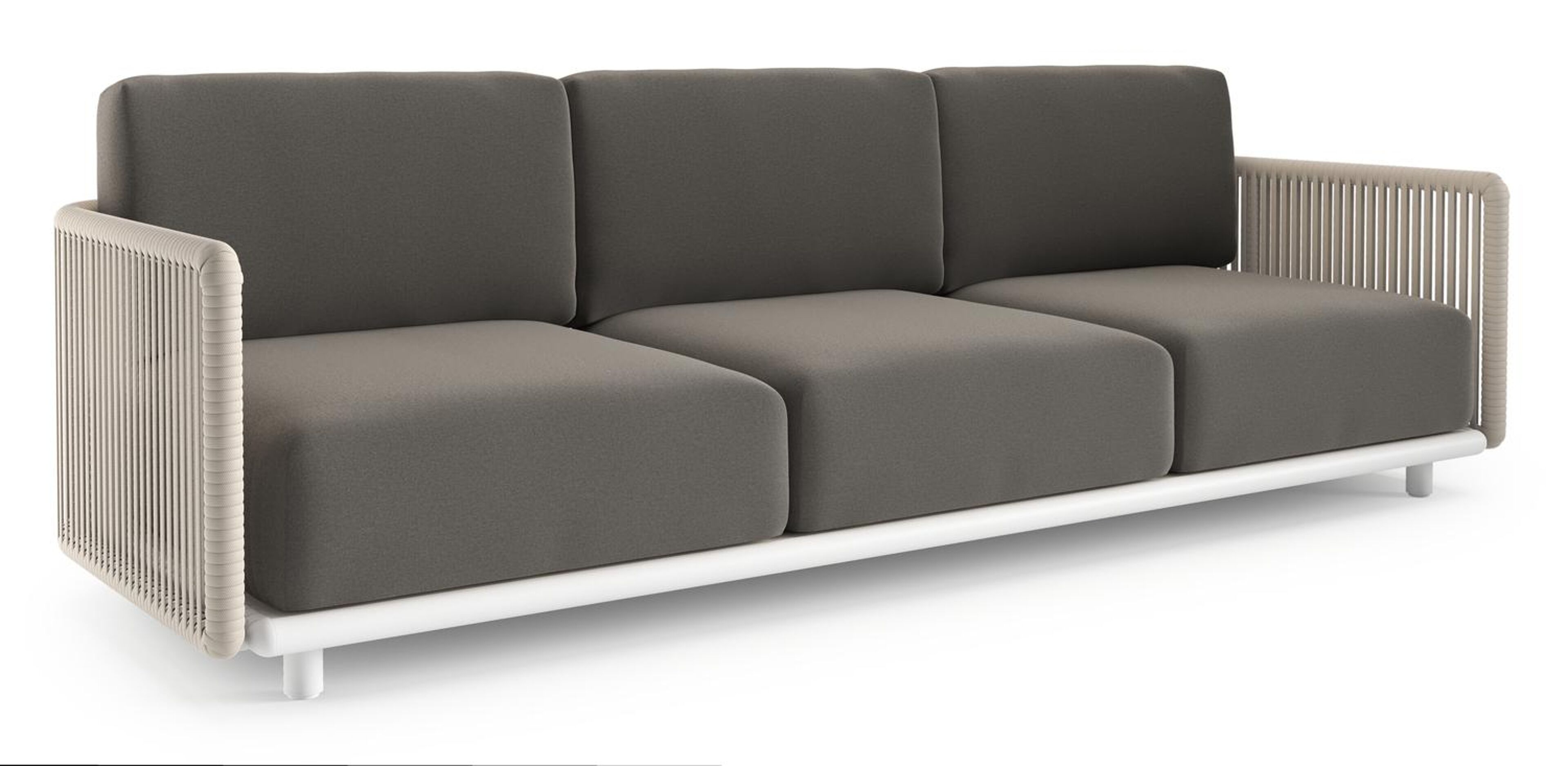 Canapé de jardin Organo en aluminium blanc et corde luxe plate tissée verticalement beige et coussin en all weather Sunbrella® luxe natte dark taupe