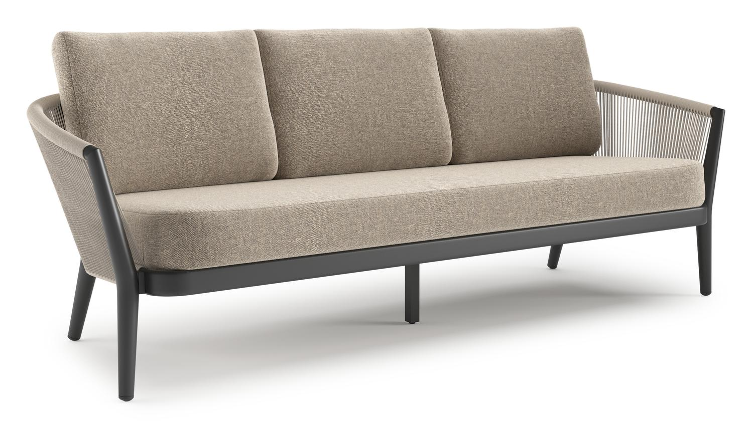 Canapé de jardin Orso en aluminium noir en corde ronde tissée verticalement beige et coussins en all weather sunbrella® luxe Chartres Pewter