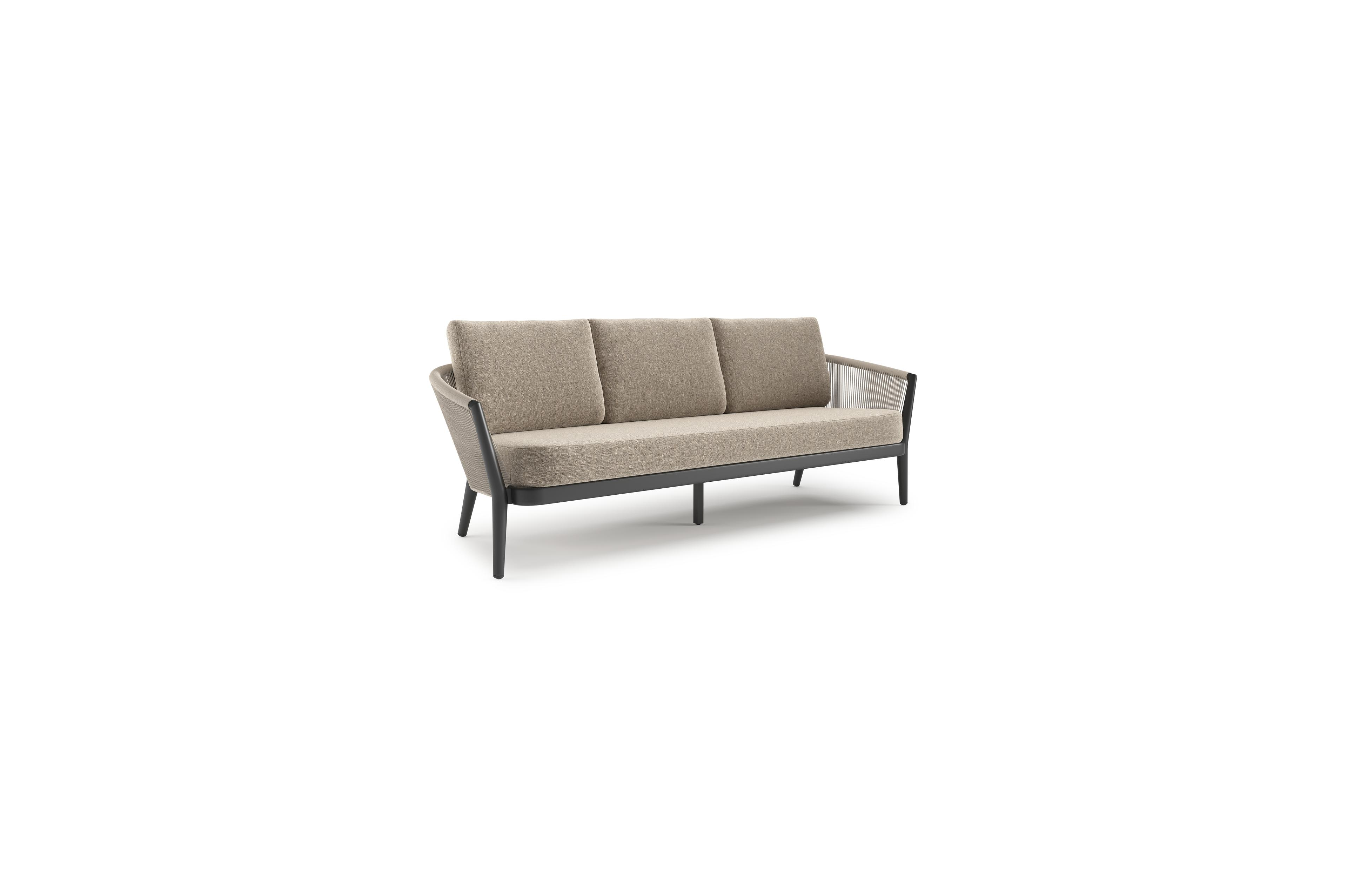 Orso loungebank in zwart aluminium en beige verticaal geweven ronde rope met Chartres Pewter all weather sunbrella® luxe kussen