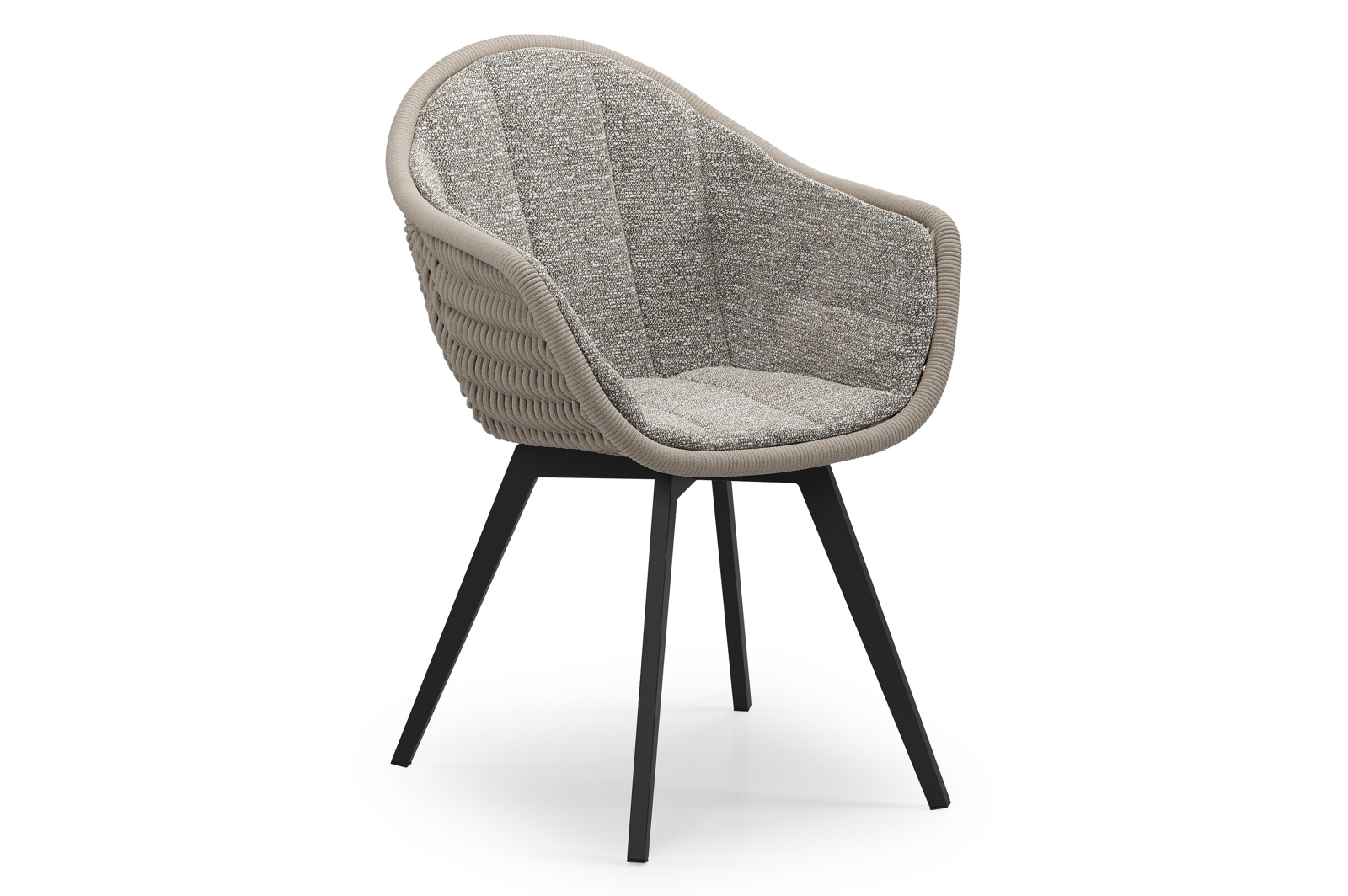 Pagino tuinstoel in zwart aluminium en beige verticaal geweven ronde rope met zitkussen in All Weather Sunbrella® Luxe Tundra Pepper