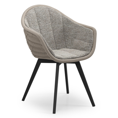 Pagino tuinstoel in zwart aluminium en beige verticaal geweven ronde rope met zitkussen in All Weather Sunbrella® Luxe Tundra Pepper