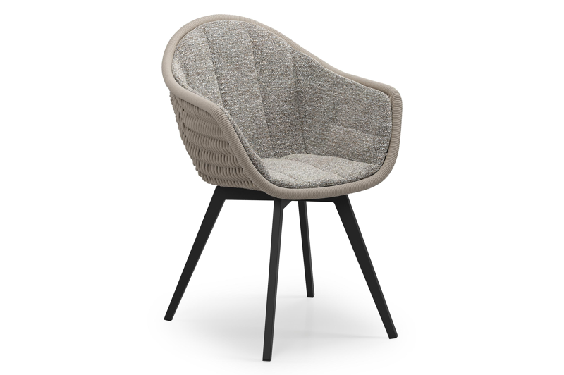 Pagino tuinstoel in zwart aluminium en beige verticaal geweven ronde rope met zitkussen in All Weather Sunbrella® Luxe Tundra Pepper