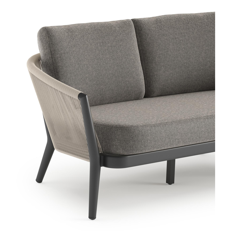 Canapé de jardin Orso en aluminium noir en corde ronde tissée verticalement beige et coussins en all weather sunbrella® luxe Chartres Drizzle