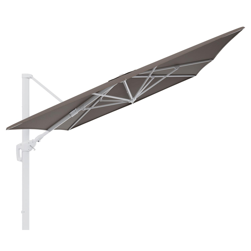 Minore zweefparasol tiltfunctie in wit aluminium en parasoldoek in All Weather Sunbrella® Luxe Lopi Coconut  - L1 400 x L2 300 cm (zonder voet)