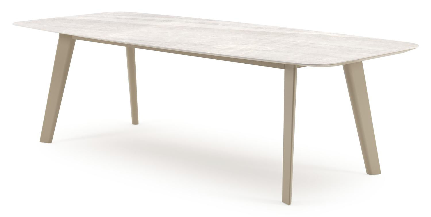 Table de jardin Lacrima forme de bateau en aluminium beige et céramique pleine Taj Mahal - Lg. 255 x Lrg. 115 x Haut. 74 cm