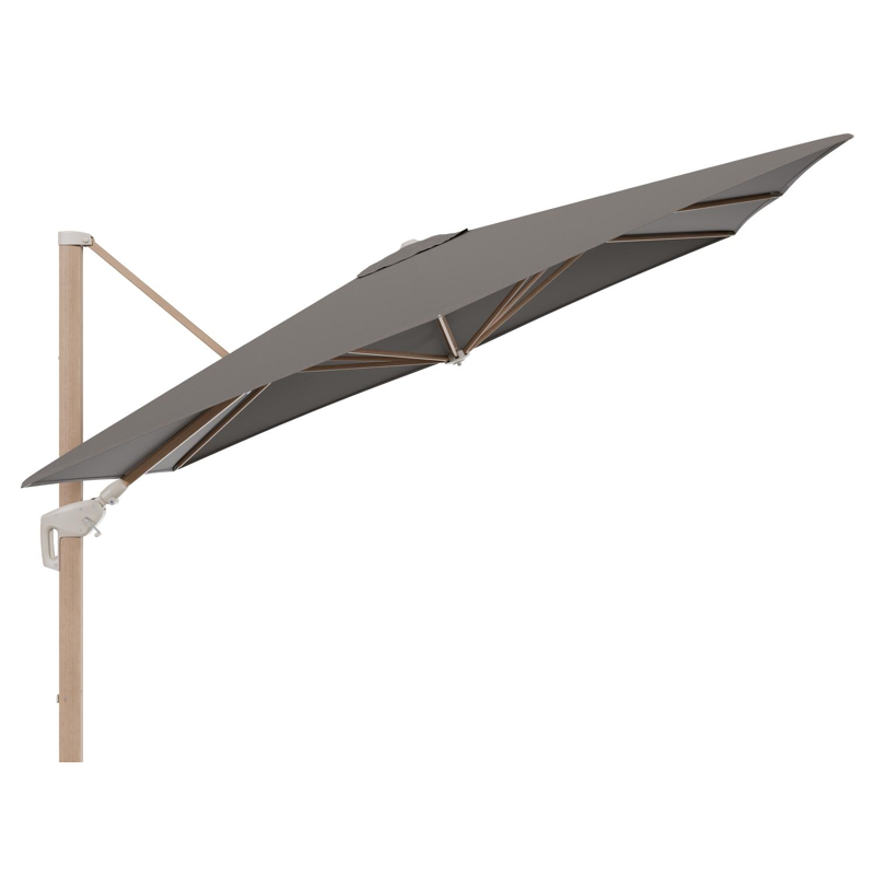 Minore zweefparasol met tiltfunctie in houtlook aluminium en Natte Carbon beige All Weather Sunbrella® Luxe parasoldoek - L1: 280 x L2: 370 cm (zonder voet)
