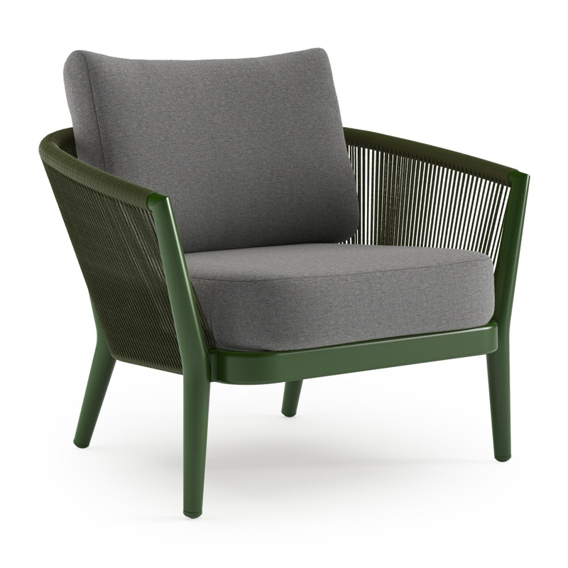 Orso loungestoel in groen aluminium en groen verticaal geweven ronde rope met Heritage Slate all weather sunbrella® luxe kussen