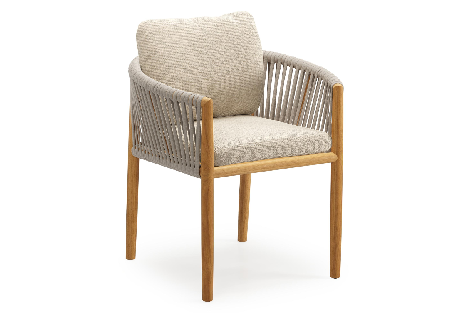 Organo tuinstoel in beige teak en beige verticaal geweven luxe vlakke rope met kussen in All Weather Cosytica Althea Chalk